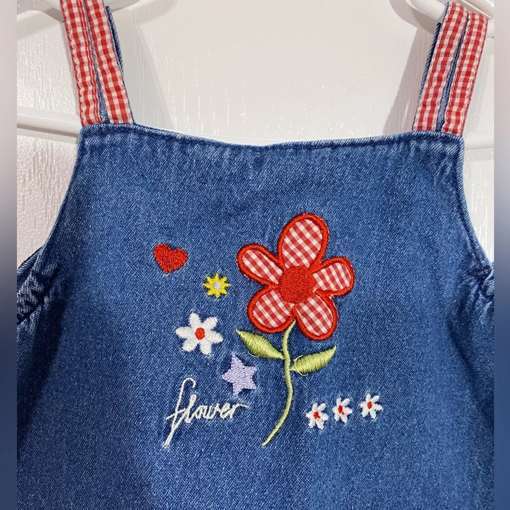 VTG Little Lindsey Floral Embroidered Red Gingham Ruffle Denim Jumper Dress 24M